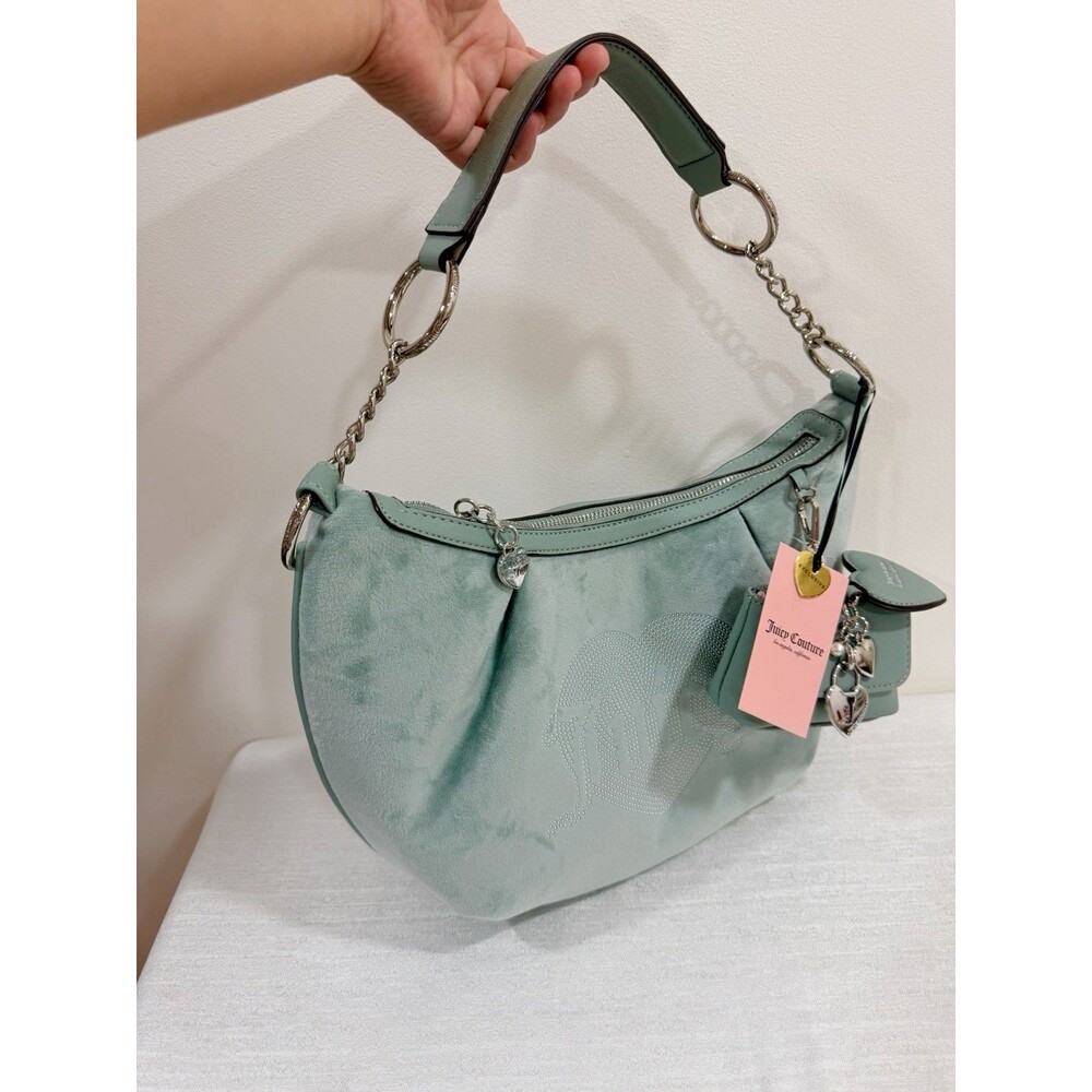 NWT Juicy Couture Queen Couture Hobo Bag Sage Mint Green Velour Rhinestone Heart - Picture 3 of 10